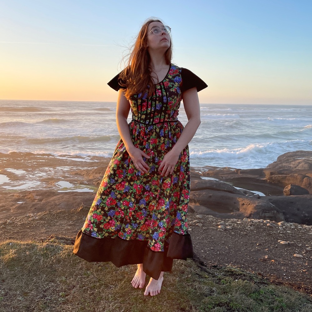 Handmade Gunne Sax Style Vintage Upcycle Homespun Gown Black Floral Print Velvet - Picture 4 of 9